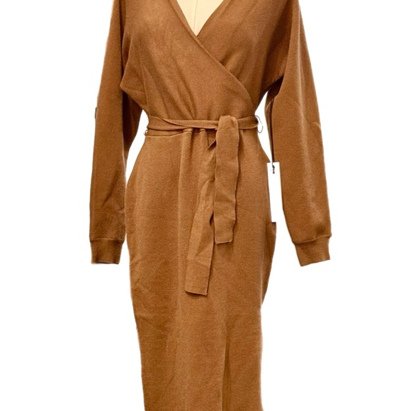 NWT Nicole Miller New York Camel Brown Knit Sweater Wrap Midi Dress Size Small - Picture 3 of 10